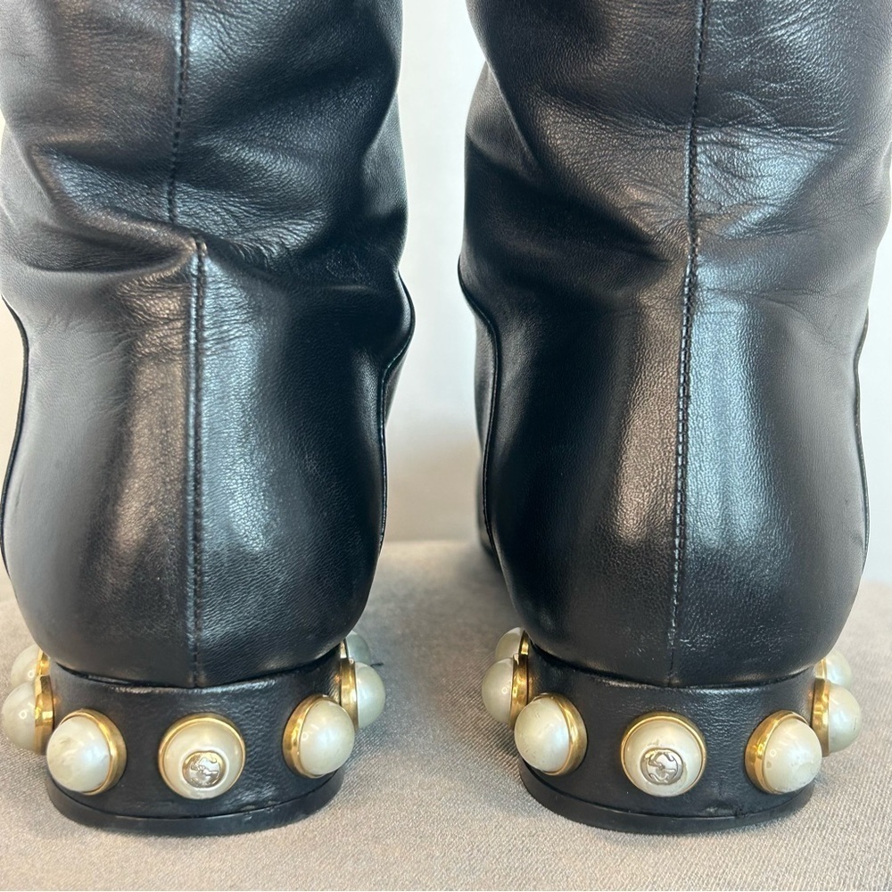 GUCCI ‘Jem’ black leather faux Pearl red blue white velvet stripe riding boot 39 - Picture 11 of 15